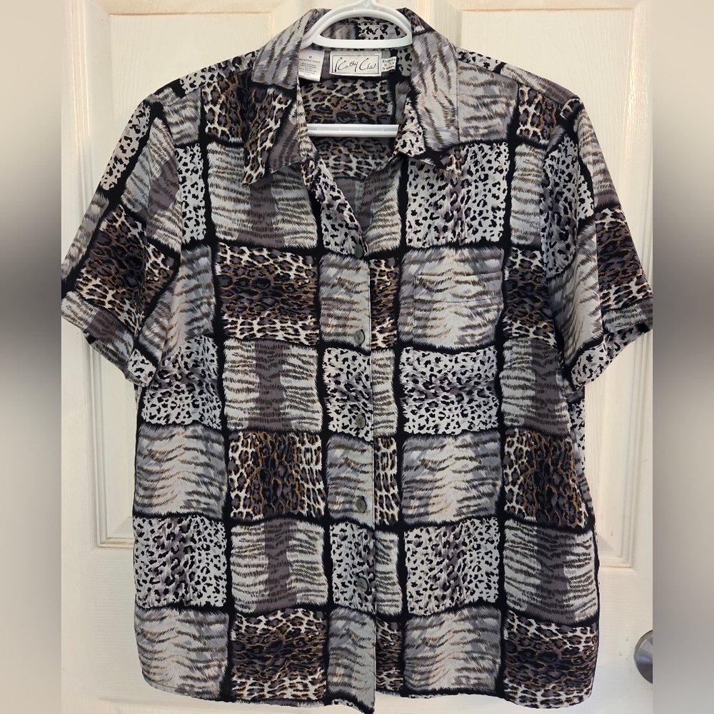 Multi Animal Print Lightweight Short Sleeve Button Down Vintage Kathy Che